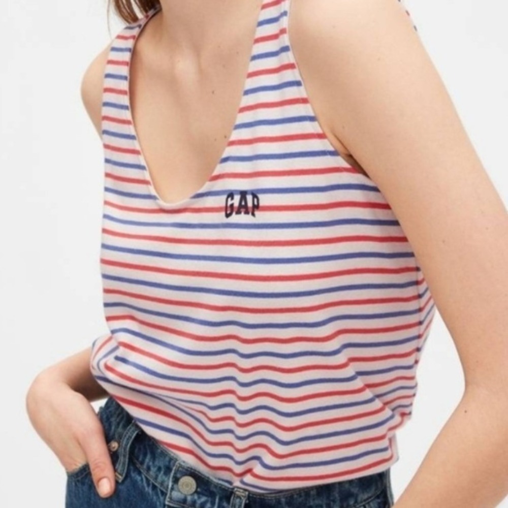 Gap Womens XL Tall Striped Ribbed Tank Top Red Blue White Americana Logo NWT